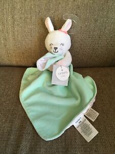 Carters White Bunny Lovey Rabbit Mint Green Stripe Security blanket Rattle NEW