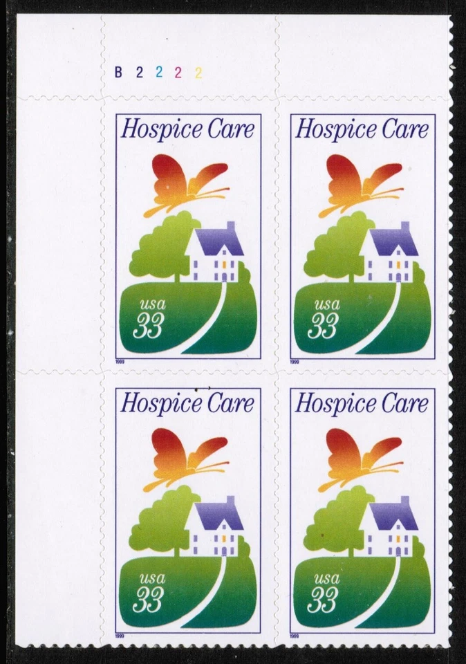 US USA Sc# 3276 MNH FVF PLATE# BLOCK Hospice Care Butterfly House Tree - Image 1 of 1