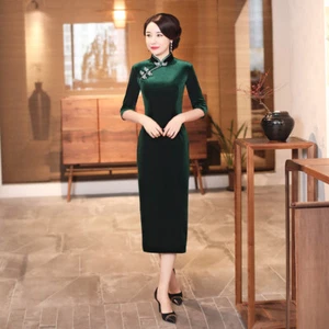 Mujeres Otoño Invierno Qipao Vestido Terciopelo Chino Midi Cheongsam Dama Vestidos de Noche - Imagen 1 de 7