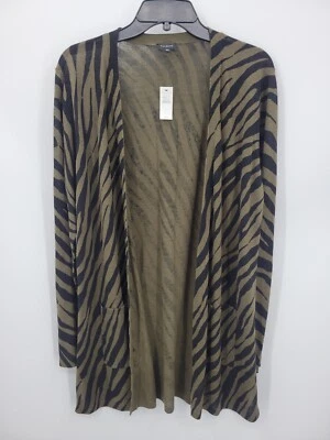 Talbots Sweater Womens Large Green Black Tiger Stripe Open Front Linen Cotton - Image 1 of 4