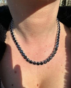 45.72 ctw Lab Created Black Spinel 14K White Gold Plated 5MM Tennis Necklace 18" - Picture 1 of 14