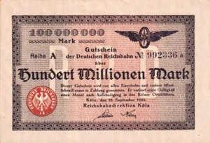 COLOGNE REICHSBAHN (IMPERIAL RAILWAY) 100 MILLION MARKS! VY RARE CHOICE UNC COND - Picture 1 of 2