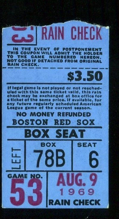 Boston Red Sox World Series Year 1969 8/9 Carl Yastrzemski Yaz Baseball Ticket - Image 1 of 1