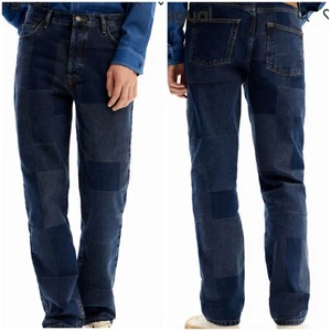 NWOT Desigual Straight Leg Check Weave Patchwork Jeans, Relaxed Fit, Sz 32. - Picture 1 of 14