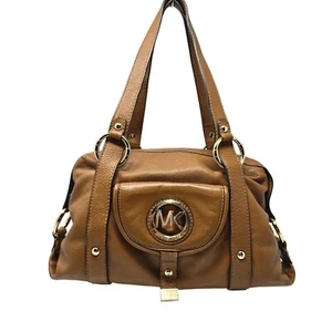 Michael Kors Brown Leather Shoulder Bag Handbag Satchel Gold Dual Handles - Picture 1 of 24
