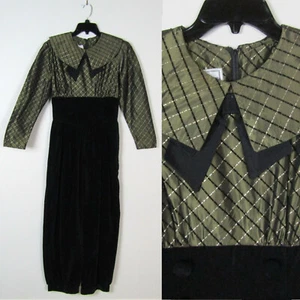 Vtg 80s BLACK VELVETEEN GOLD PANTSUIT Romper Playsuit Fancy Dress Bow Jumpsuit - Picture 1 of 12