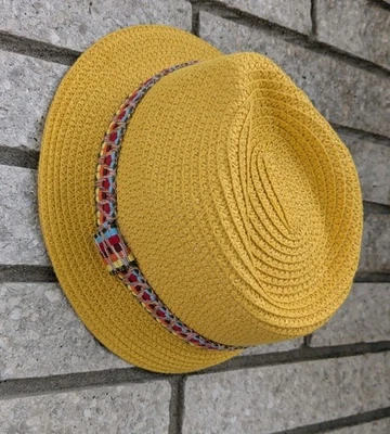 Magid Women’s Woven Sunny Yellow Fedora Hat Multicolor Band Paper One Size EUC - Image 1 of 4