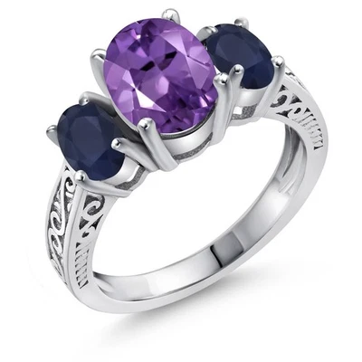 Anillo de 3 piedras de amatista y zafiro de 2,76 quilates para mujer | Plata de ley 925 | Foto 1 de 4