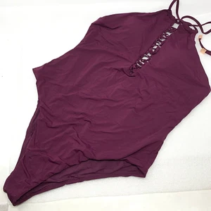 L Radio Fiji Koh Solid Fola Wine Grape Color Women 1 Pc Body Con Slinky Swimsuit - Picture 1 of 7