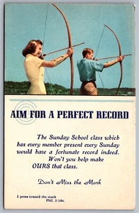 Postcard c1930s Aim for A Perfect Record Sunday School Don’t Miss the March - Picture 1 of 2