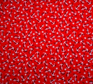 Nautical Fabric By The Half-Yard White Anchor Stars Navy Blue Rope on Red Cotton - Picture 1 of 2