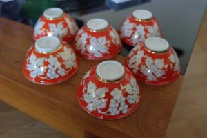 Vintage Uzbek Porcelain Tea Cup Set – 6 Red & Gold Bowls with Grape & Leaf - Picture 1 of 9