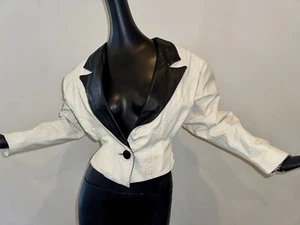 Vtg 70s 80s Sz M Black White Leather Crop Jacket Tux Tuxedo Womens Hipster - Picture 1 of 7