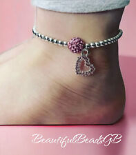 Toddler/ Childs/ ladies Heart Rhinestone Charm Anklet With Shamballa Bead
