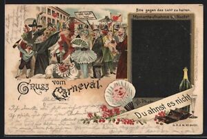 Lithographie Narren feiern Karneval, Halt gegen das Licht: Paar beim Kuss 1899 