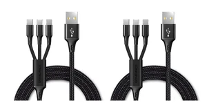PACK x 2 Câble Multi USB 3 en 1 Tressé et Renforcé - USB-C, Micro-USB - BLACK - Photo 1/7