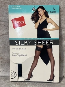 New Hanes Silky Sheer Black L Lace Top Thigh High Stockings 20 Denier UltraSoft - Picture 1 of 5