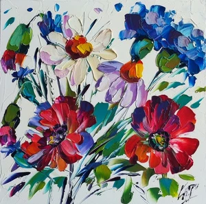 Original Ölgemälde Mohn Gänseblümchen Wildblumen Kunstwerk Floral Wandkunst 8*8 Zoll - Bild 1 von 12