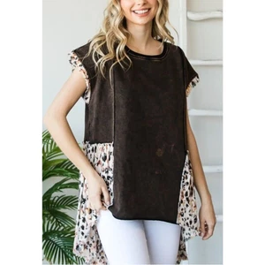 Oli & Hali Womens Oversized Small High Low Top Raw Hem Leopard Lagenlook Boho - Picture 1 of 16