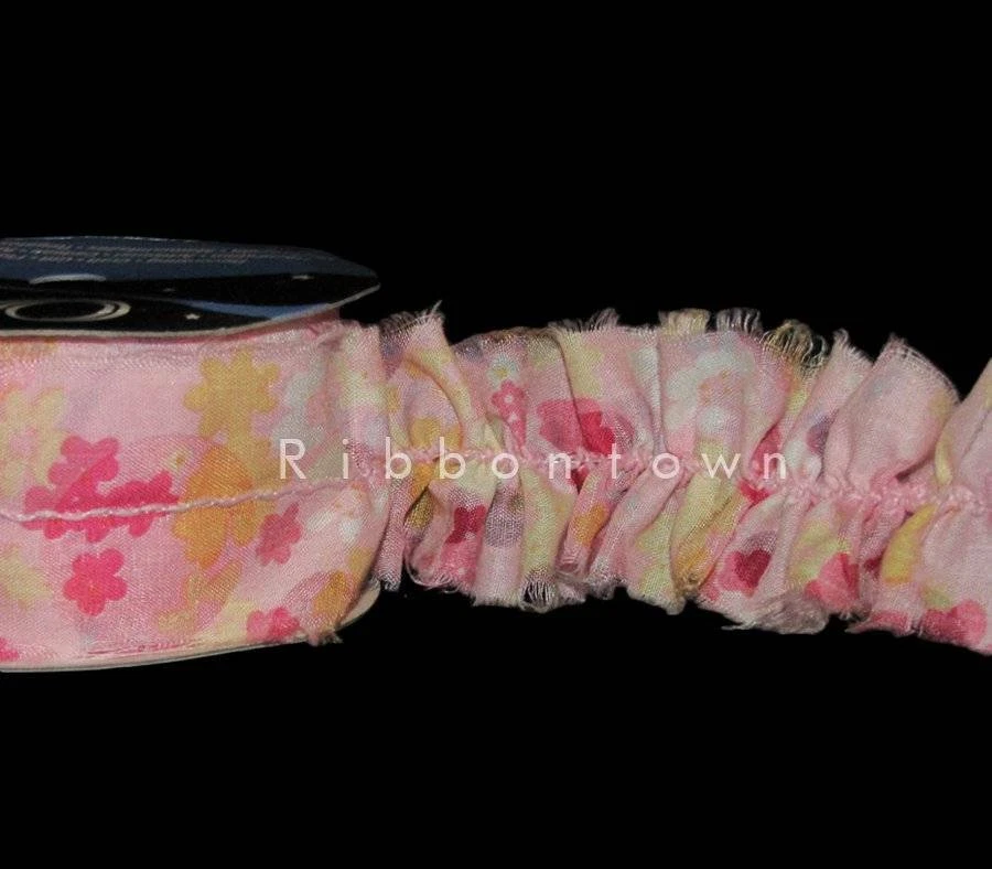 3 Yards Ruffle Pleat Option Pink Yellow Flowers Fringe Edge Wired Ribbon 1 1/2"W — 第 1/1 张图片