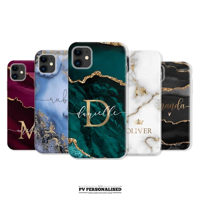 Personalised Marble Hard Phone Case Name Initials Hard Cover For iPhone 13 11 12 - Image 1 of 4