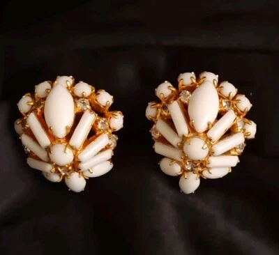 1940's Retro Elegance Milk Glass & Crystal Vintage Earrings Unsigned Clip On - image 1 of 4