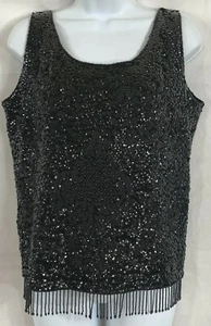 Vintage Regalia Imports Black Sz M Heavy Beaded Sequin Top Sleeveless Zip Scoop - Picture 1 of 12