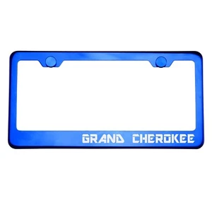 Blue Chrome License Plate Frame GRAND CHEROKEE Laser Etched Metal Screw Cap - Picture 1 of 8