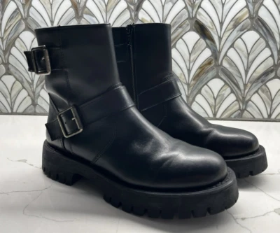 Bota de motociclista Steve Madden para mujer Crusader suela gruesa de cuero negro - 6 Foto 1 de 4