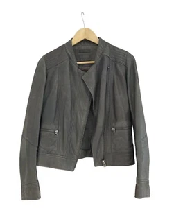 Next Leather Biker Jacket Size 6 Grey Jersey Lined Pockets Zip Front Soft - Picture 1 of 8