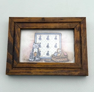 Miniature Wood Framed Print Gray Tabby Cat Kitten Yarn Basket Quilt Country 5x4" - Picture 1 of 5