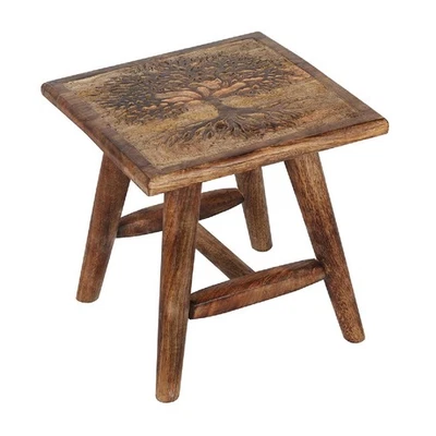 Wooden Stool Hand Carved Tree Of Life Square Footstool Bench Chair Step Stool - Image 1 of 4