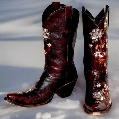 Lucchese Womens 7.5M Floral Embroidered Gardenia Cowgirl Boots Dark Red Snip Toe - Image 1 of 4