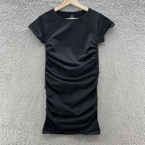 Blanqi Maternity Dress Small Black Knit Stretch Short Sleeve Ruched Bodycon Mini - Picture 1 of 9