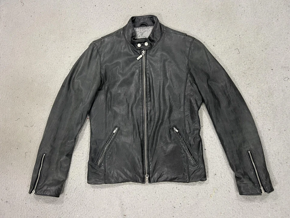Chaqueta de cuero Guess para mujer pequeña negra motociclista cremallera bolsillos abrigo forrado Foto 1 de 4