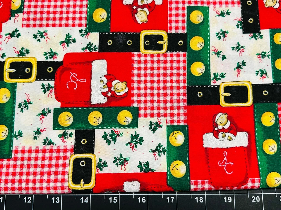 Tina Scrap 9"x21" Christmas Patchwork Bells Buckle Red Teddy Bear Cotton Fabric - Image 1 of 2