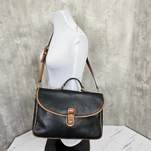 Coach Leather Briefcase Crossbody Bag Turnlock Pebbled Black Leather Brown Trim - Picture 1 of 18