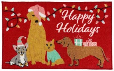 ALFOMBRA DE COCINA DE NYLON IMPRESA (espalda antideslizante) (18" x 30") 4 PERROS, FELICES FIESTAS, SIN RESERVA Foto 1 de 4