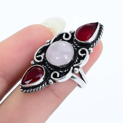 Rosa Rose Quarz, Rubin Edelstein Handgemacht Silber Schmuck Ringgröße 5.5 - Bild 1 von 4