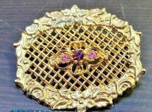 Vintage Brooch Gold-tone with Purple Pink Rhinestone and Lattice Work 1.5'' - Picture 1 of 4