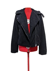 MAX STUDIO Women Moto Teddy Jacket Fleece Solid Black Zip Pockets Casual SIZE M - Picture 1 of 12