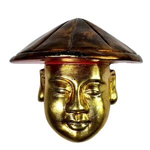 Antique Asian Lacquered Man Head Statue Wall Décor Gold Red Bamboo Style Hat 6.5 - Picture 1 of 2
