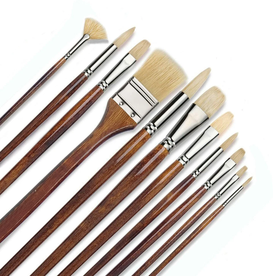 [11 Pcs] Paint Brush Set Oil Acrylics Artist Brushes Pure Hog Bristles Lacquered - image 1 of 4