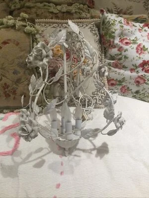 White Italian Tole Ware Lamp White Capodimonte Roses Chandelier Light Fixture - Image 1 of 4