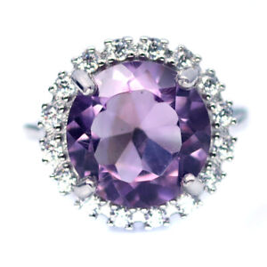 NATURAL 12 mm. PURPLE AMETHYST & WHITE CZ RING 925 STERLING SILVER SIZE 6