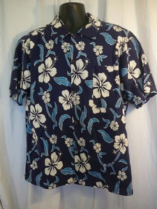 Kalua Tahiti Shirt Classic Blue White Hibiscus Tribal Print Wood Button 2XL VTG - Picture 1 of 7