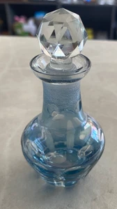 Vintage Blue and Clear-Cut Glass Bottle w/Faceted Stopper 4" - Picture 1 of 7