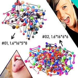 100Pcs Tongue Rings Stainless Steel Barbell Tongue Ring Nipple Ring 14G Piercing - Picture 1 of 16