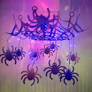 Lighted Black Felt Spider Web Chandelier Halloween Decoration w Purple Lights - Picture 1 of 2