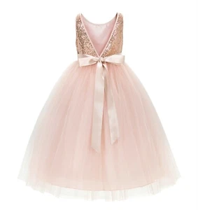 Sequin V-Back Dress Flower Girl Dress Girls Dress Wedding Pageant Dress Birthday - Picture 1 of 50